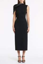 BLACK CREPE SCULPTED ONE SHOULDER MIDI DRESS