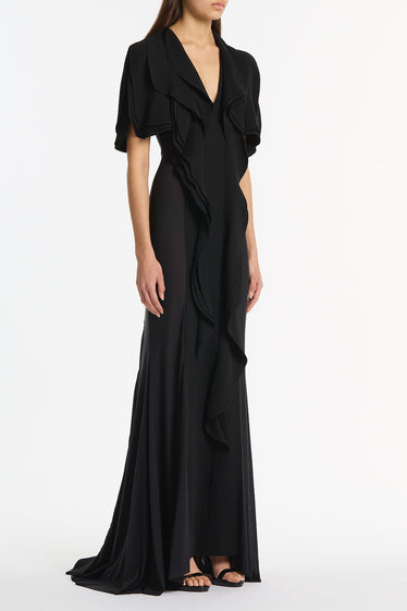 BLACK CREPE SHEER INSERT PETAL GOWN