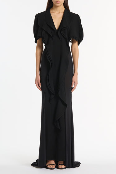 BLACK CREPE SHEER INSERT PETAL GOWN
