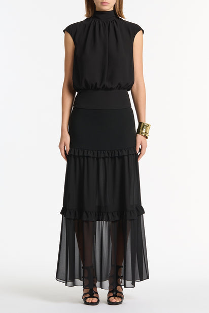 BLACK CREPE TIERED RUFFLE MIDI SKIRT