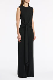 BLACK CREPE WAISTED TIE FRONT JUMPSUIT