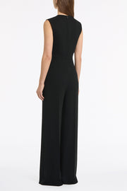 BLACK CREPE WAISTED TIE FRONT JUMPSUIT