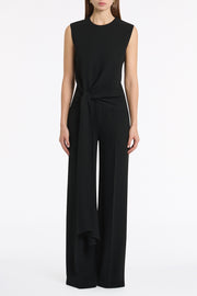 BLACK CREPE WAISTED TIE FRONT JUMPSUIT