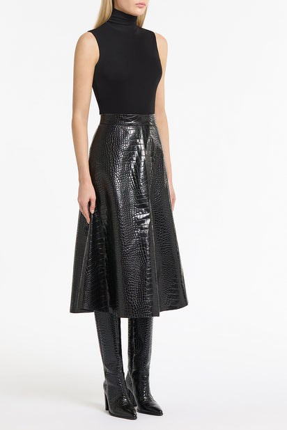 BLACK CROCO LEATHER FLUTED SKIRT