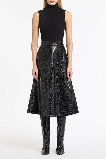 BLACK CROCO LEATHER FLUTED SKIRT