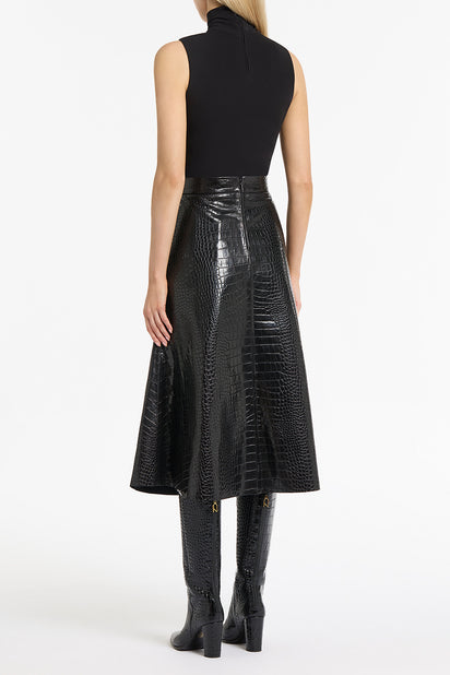 BLACK CROCO LEATHER FLUTED SKIRT