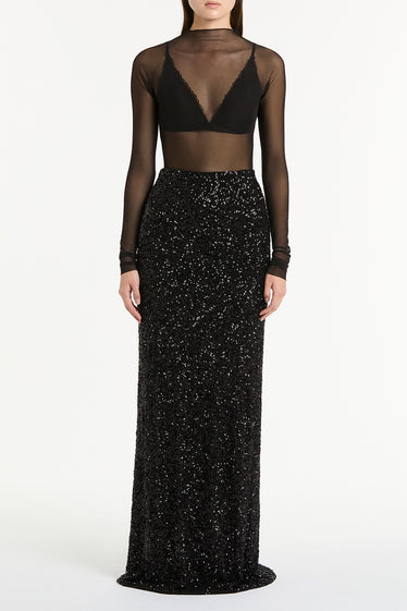 BLACK CRUSHED SEQUIN BIAS SKIRT