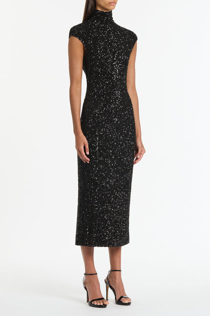 BLACK CRUSHED SEQUIN CAP SLEEVE MIDI DRESS
