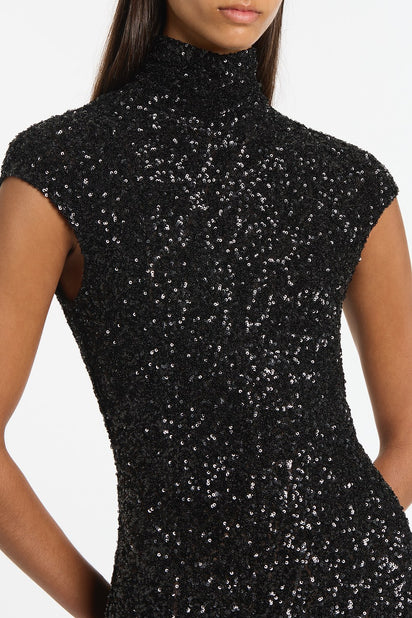 BLACK CRUSHED SEQUIN CAP SLEEVE MIDI DRESS