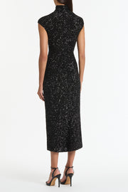 BLACK CRUSHED SEQUIN CAP SLEEVE MIDI DRESS