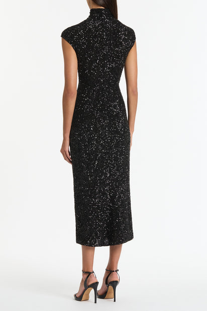 BLACK CRUSHED SEQUIN CAP SLEEVE MIDI DRESS