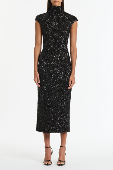 BLACK CRUSHED SEQUIN CAP SLEEVE MIDI DRESS