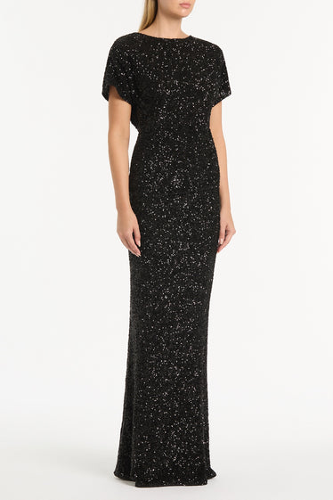 BLACK CRUSHED SEQUIN COLUMN SKIRT