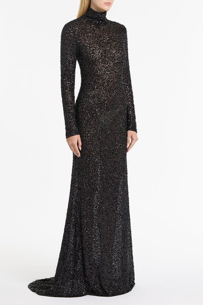 BLACK CRUSHED SEQUIN SKIVVY GOWN