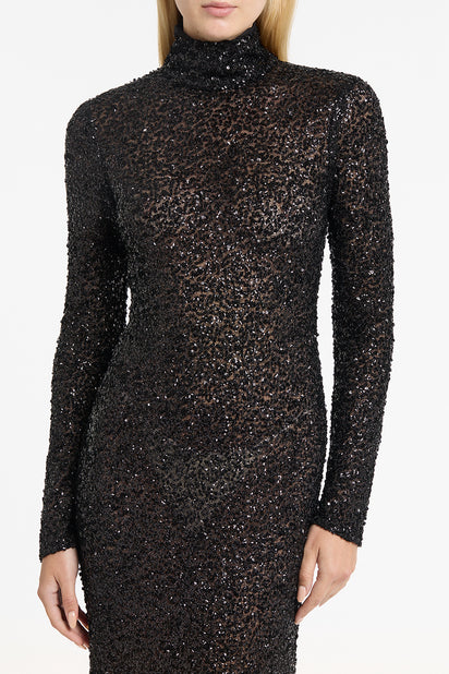 BLACK CRUSHED SEQUIN SKIVVY GOWN