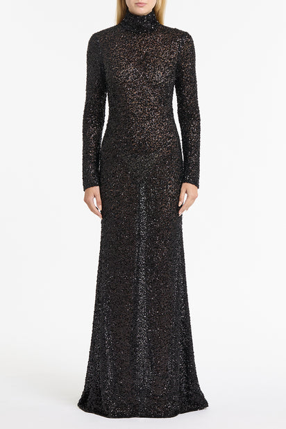 BLACK CRUSHED SEQUIN SKIVVY GOWN
