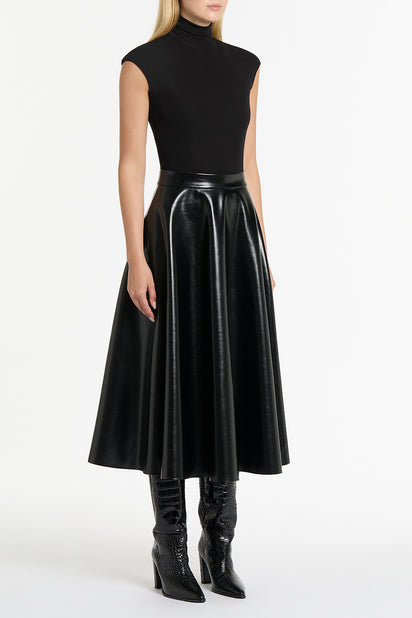 BLACK FAUX LEATHER FLARED SKIRT