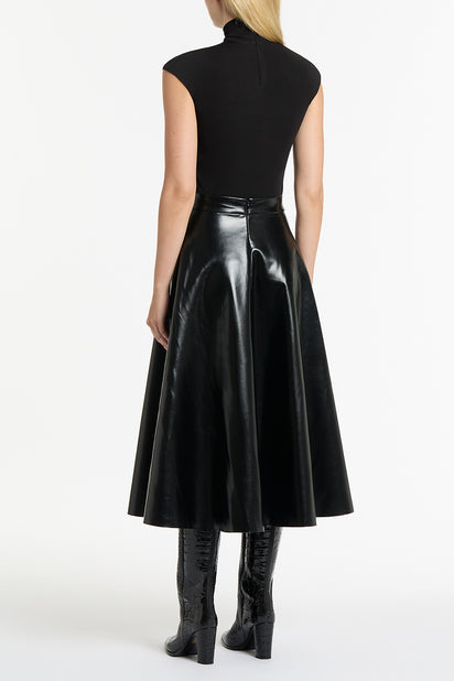 BLACK FAUX LEATHER FLARED SKIRT
