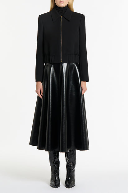 BLACK FAUX LEATHER FLARED SKIRT