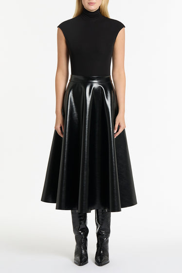 BLACK FAUX LEATHER FLARED SKIRT