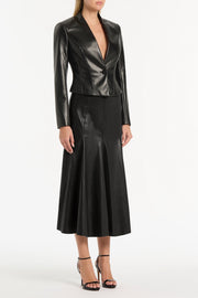 BLACK FAUX LEATHER FLOUNCE SKIRT