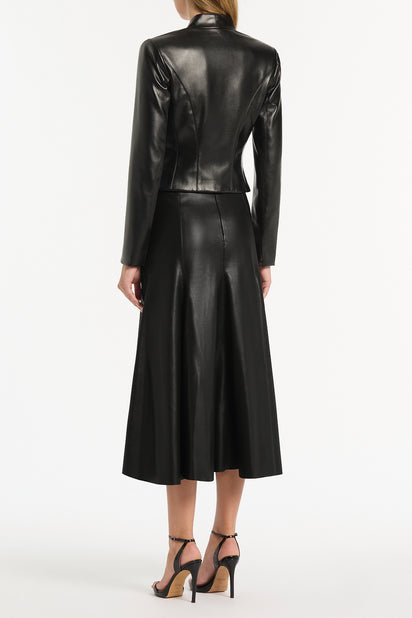 BLACK FAUX LEATHER FLOUNCE SKIRT