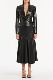 BLACK FAUX LEATHER FLOUNCE SKIRT