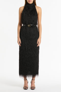 BLACK FRINGE KNIT FITTED DRESS