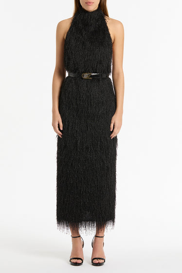 BLACK FRINGE KNIT FITTED DRESS