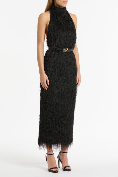 BLACK FRINGE KNIT FITTED DRESS