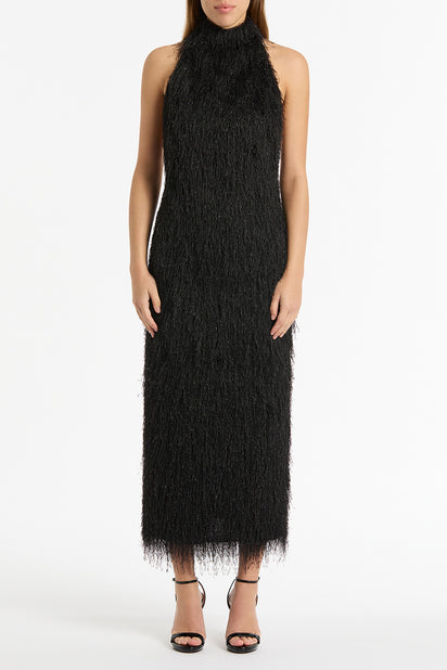 BLACK FRINGE KNIT FITTED DRESS