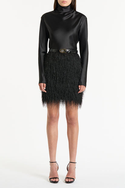 BLACK FRINGE KNIT MINI SKIRT