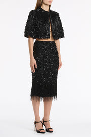 BLACK FRINGE SEQUIN LACE CAPE