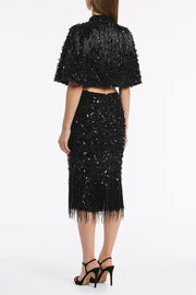 BLACK FRINGE SEQUIN LACE CAPE