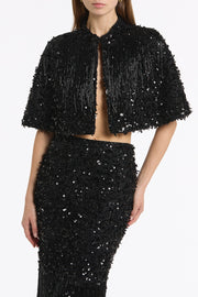 BLACK FRINGE SEQUIN LACE CAPE