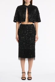 BLACK FRINGE SEQUIN LACE MIDI SKIRT