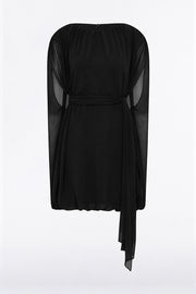 BLACK GEORGETTE GATHERED CAPELET MINI DRESS