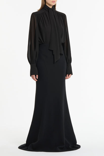 BLACK GEORGETTE BOW FRONT BLOUSE