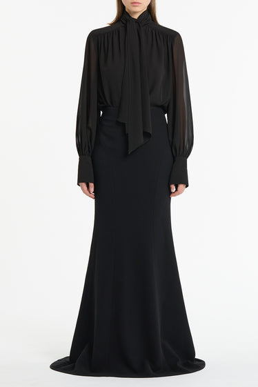 BLACK GEORGETTE BOW FRONT BLOUSE