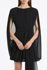 BLACK GEORGETTE GATHERED CAPELET MINI DRESS