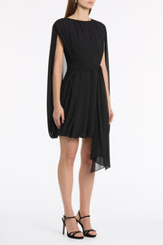 BLACK GEORGETTE GATHERED CAPELET MINI DRESS