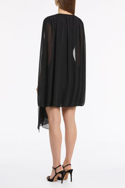 BLACK GEORGETTE GATHERED CAPELET MINI DRESS