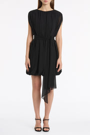 BLACK GEORGETTE GATHERED CAPELET MINI DRESS