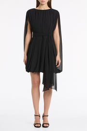 BLACK GEORGETTE GATHERED CAPELET MINI DRESS