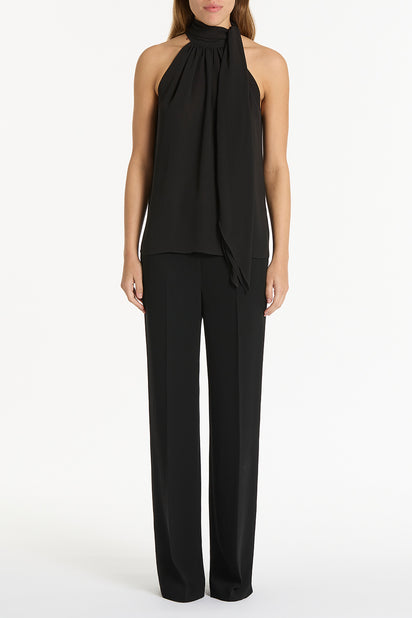 BLACK GEORGETTE GATHERED HALTER TOP
