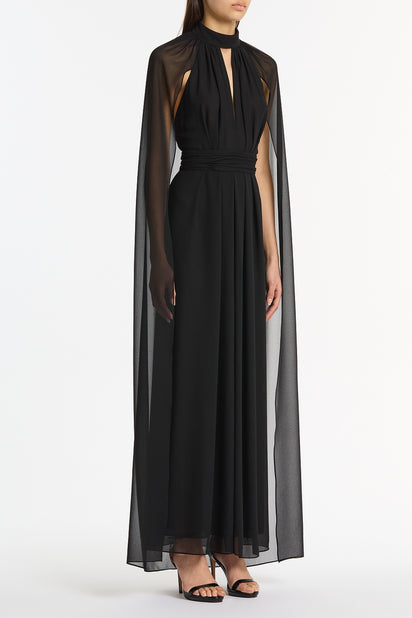 BLACK GEORGETTE HALTER CAPE GOWN
