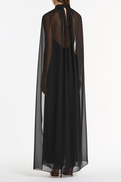 BLACK GEORGETTE HALTER CAPE GOWN