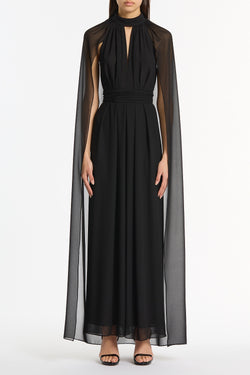 BLACK GEORGETTE HALTER CAPE GOWN