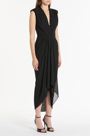 BLACK GEORGETTE SLEEVELESS WATERFALL DRESS