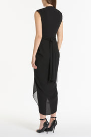 BLACK GEORGETTE SLEEVELESS WATERFALL DRESS